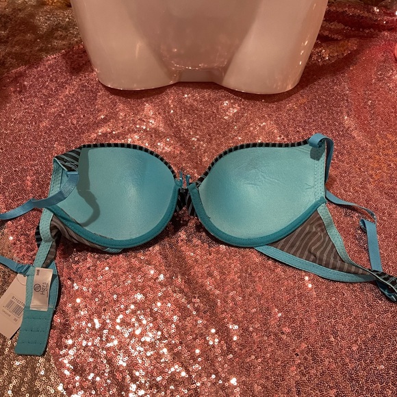 Lightly Padded, Bust Lifting, Turquoise & Black Striped Underwire Support Bra - Picture 4 of 4